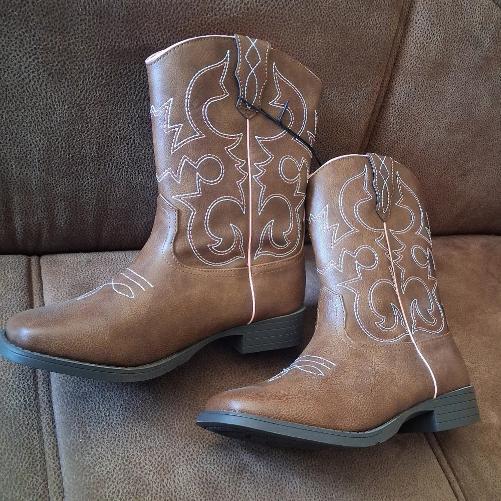 Wonder Nation Brown Western Cowgirl Boots with Pink Trim Girls' Size 5